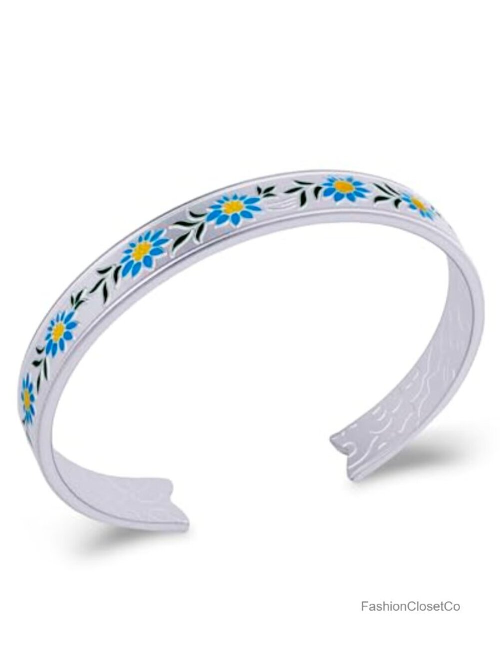 Silver Cuff Bracelet with Floral Blue Pattern Adjustable Bangle Boho Jewelry